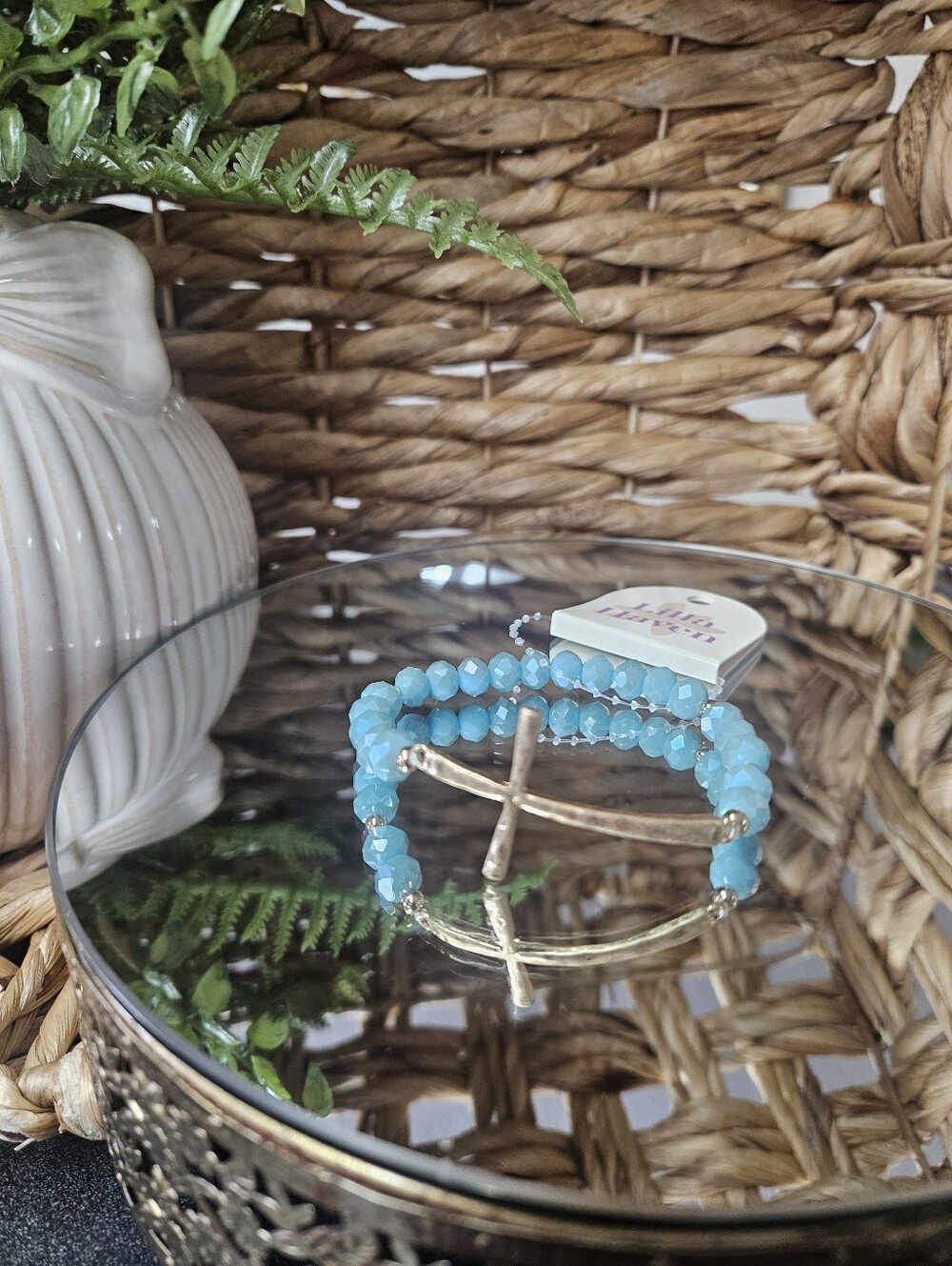 Elegant Aqua Blue Glass Beaded Cross Bracelet